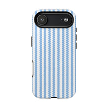 Load image into Gallery viewer, Blue and white scalloped striped phone case.  Tough magnetic case. Durable and stylish with trendy designs.
